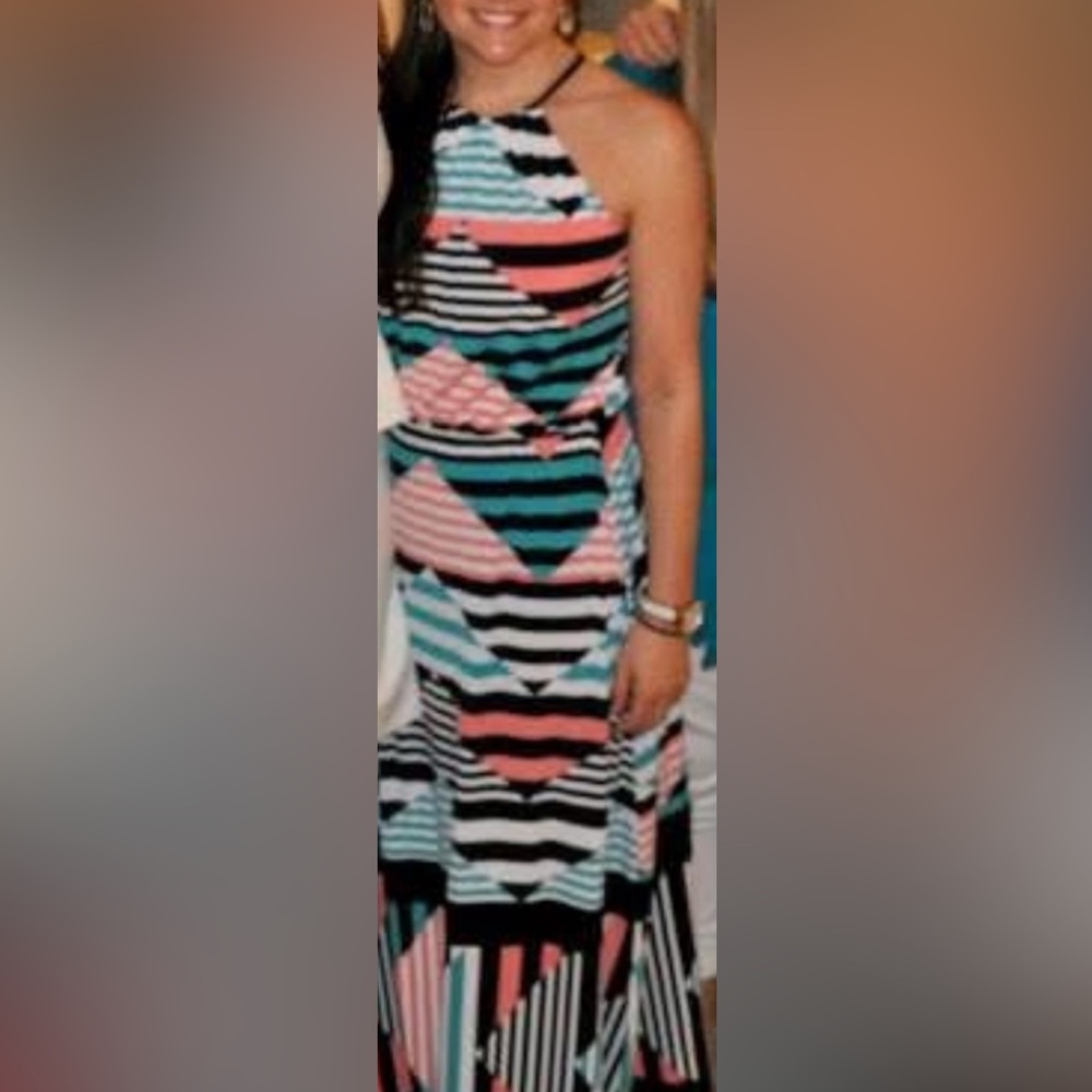 Jessica Simpson Pink and Blue Geometric Maxi Dress